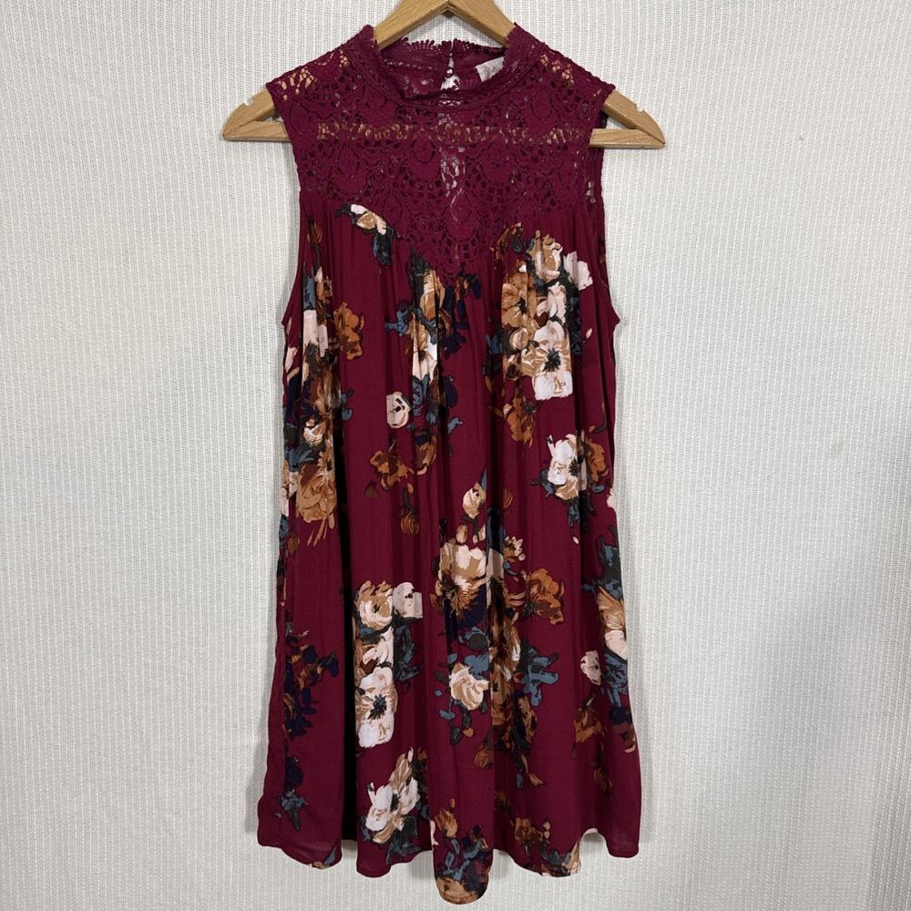 Alter’d State Burgundy Floral Lace Swing Dress Sleeveless Boho Cottagecore Small